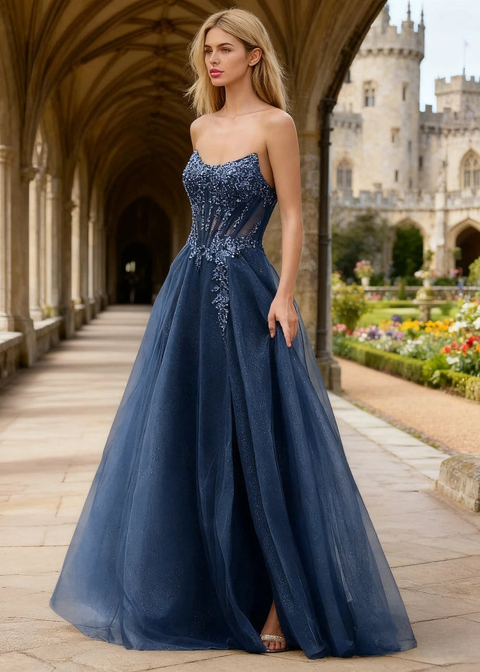 Rhea Navy Blue Corset Glitter Prom Dress | A - Line Strapless Floor Length Formal Dress with Slit - Navy Blue - PromDressClub