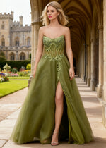Rhea Olive Green Corset Glitter Prom Dress | A - Line Strapless Floor Length Formal Dress with Slit - Olive Green - PromDressClub