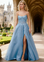 Rhea Sky Blue Corset Glitter Prom Dress | A - Line Strapless Floor Length Formal Dress with Slit - Sky Blue - PromDressClub