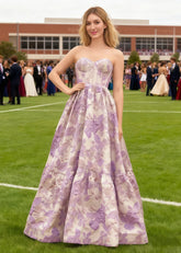 Rhythm Pink Floral Strapless Corset Prom Dress | A - Line Sweetheart Neckline Backless Floor Length Dress - Lavender - PromDressClub