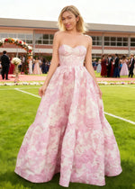 Rhythm Pink Floral Strapless Corset Prom Dress | A - Line Sweetheart Neckline Backless Floor Length Dress - Light Blue - PromDressClub