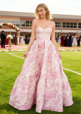 Rhythm Pink Floral Strapless Corset Prom Dress | A - Line Sweetheart Neckline Backless Floor Length Dress - Light Blue - PromDressClub