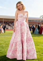 Rhythm Pink Floral Strapless Corset Prom Dress | A - Line Sweetheart Neckline Backless Floor Length Dress - Light Blue - PromDressClub