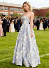 Rhythm Pink Floral Strapless Corset Prom Dress | A - Line Sweetheart Neckline Backless Floor Length Dress - Light Pink - PromDressClub