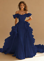 Riona Satin Yellow Ruffle Prom Dress | A - Line Off the Shoulder Tiered Strapless Formal Dress - Dark Navy - PromDressClub