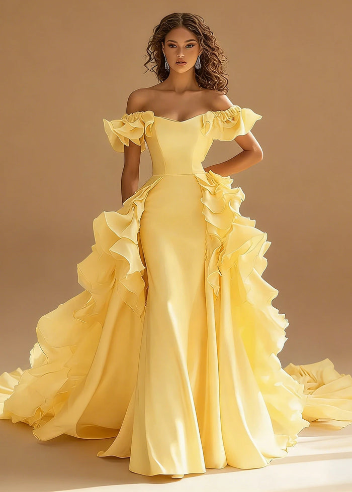 Riona Satin Yellow Ruffle Prom Dress | A - Line Off the Shoulder Tiered Strapless Formal Dress - Yellow - PromDressClub