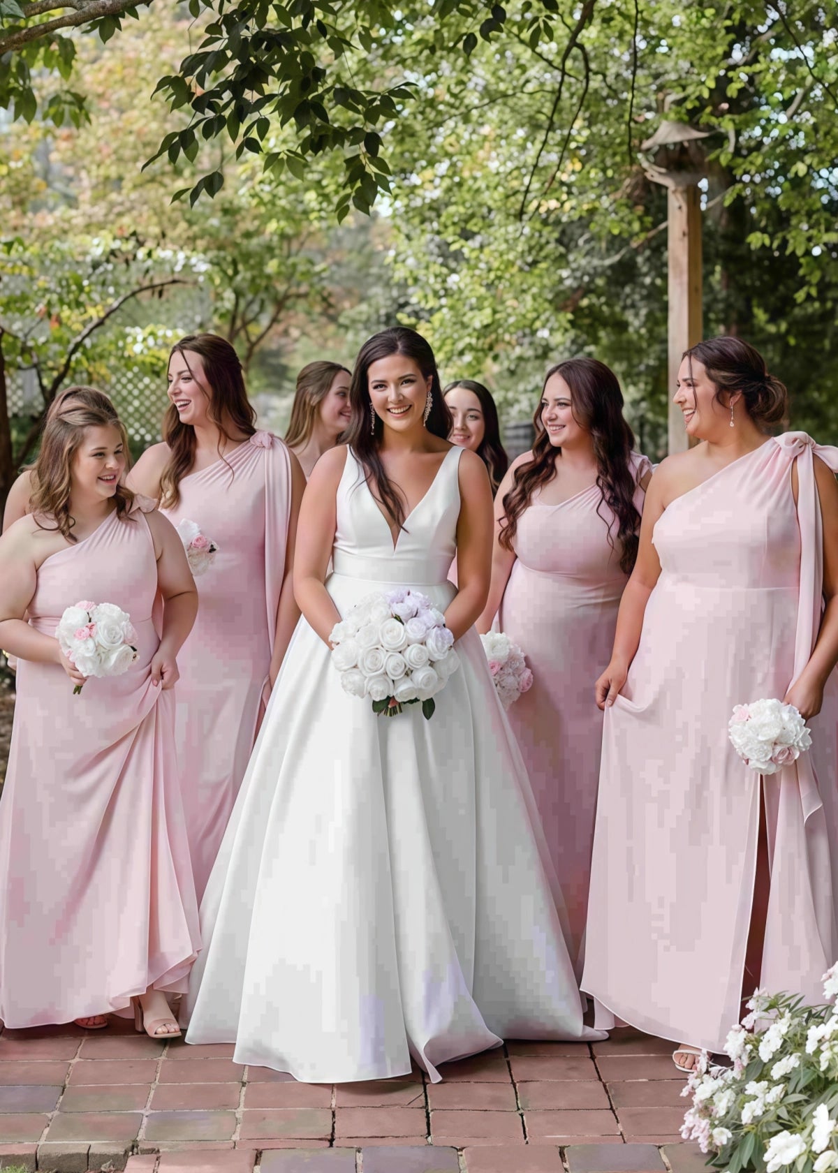 Roxanne | A Line Bows Plus Size Light Pink Satin Long Bridesmaid Dress - Price #price_variant_lowest# - Light Pink - PromDressClub