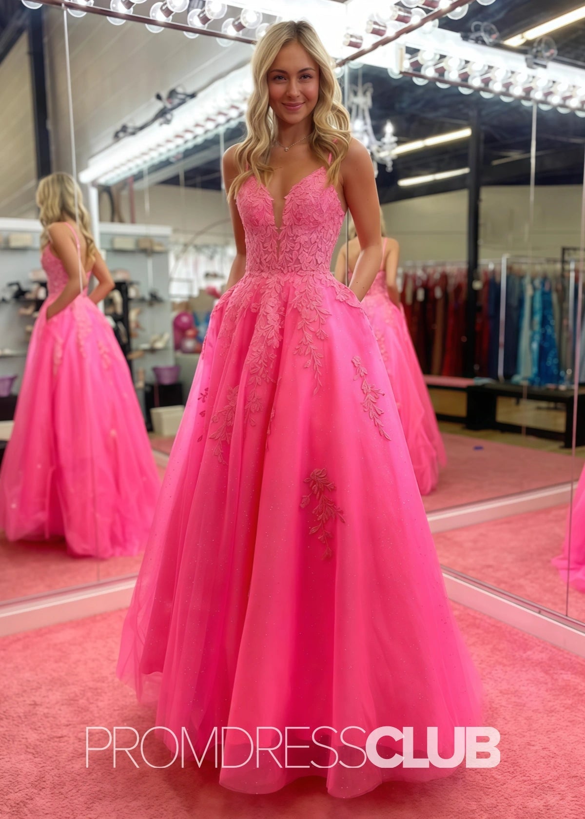 Sally |Hot Pink Long Prom Dresses Stores Near Me With V Neck A Line Lace - Price #price_variant_lowest# - Hot Pink - PromDressClub