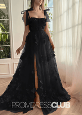 Selena |Red Long Prom Dresses With Scarlet Lace A - line 3D Flower Slit - Price #price_variant_lowest# - Black - PromDressClub