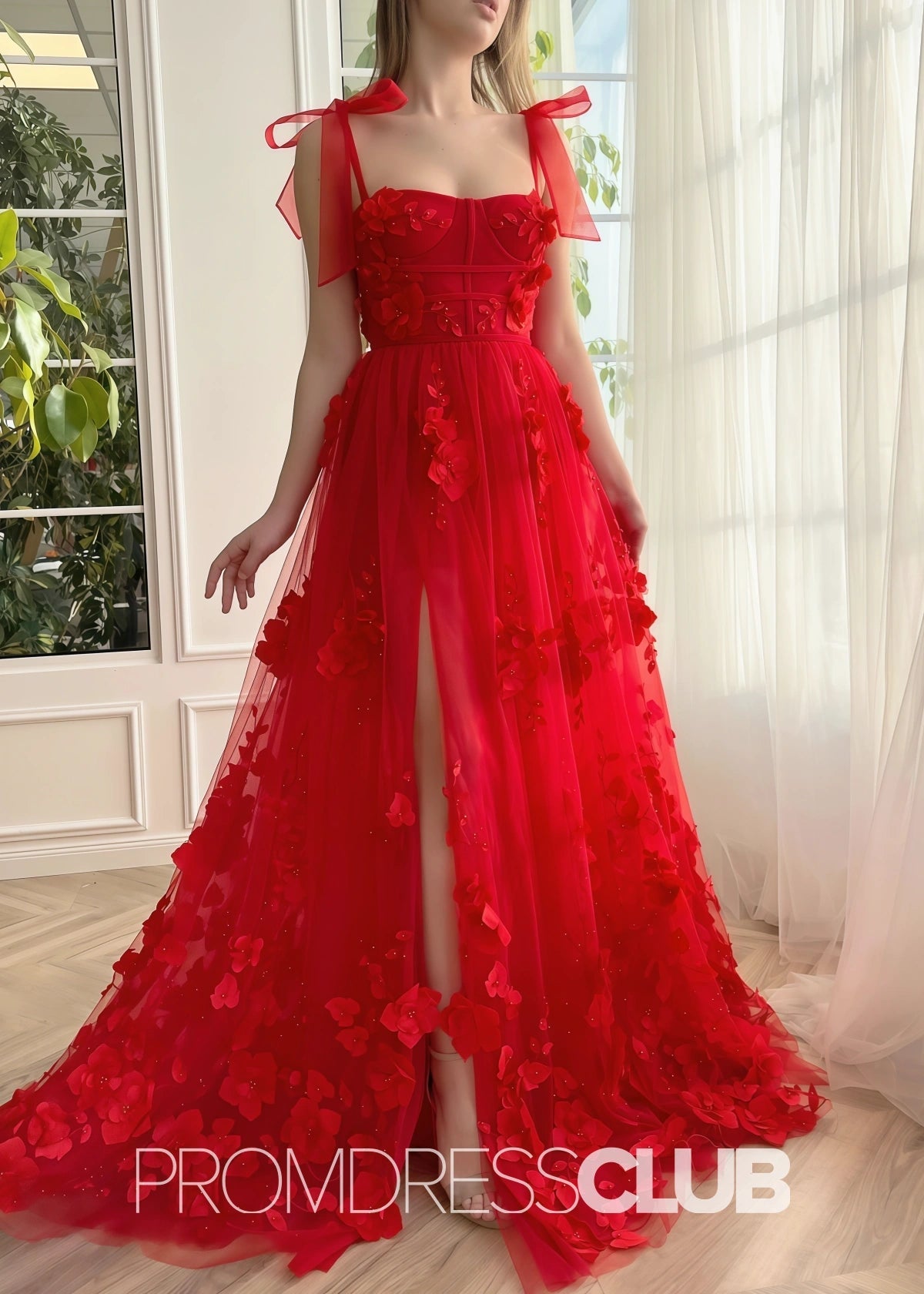 Selena |Red Long Prom Dresses With Scarlet Lace A - line 3D Flower Slit - Price #price_variant_lowest# - Red - PromDressClub