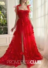 Selena |Red Long Prom Dresses With Scarlet Lace A - line 3D Flower Slit - Price #price_variant_lowest# - Red - PromDressClub
