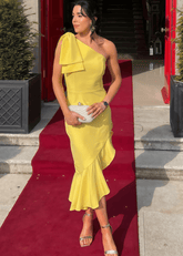 Sharon | Mermaid Bows Yellow Satin Midi Wedding Guest Dress - Price #price_variant_lowest# - Yellow - PromDressClub