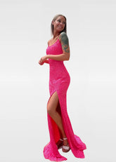 Kelly | Hot Pink Prom Dress Long Mermaid Glitter Strap Sequin with Slit - Pink - PromDressClub