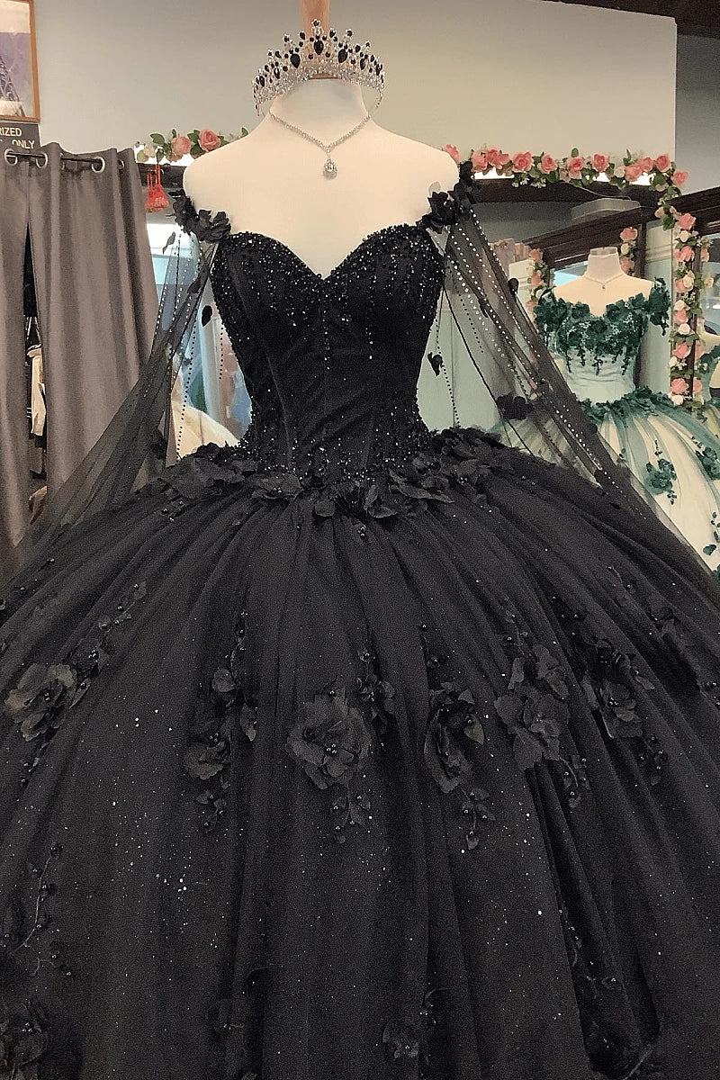 Sheila |Off the Shoulder Ball Gown Black Quince Dresses with Flowers Beaded - Black - PromDressClub