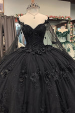 Sheila |Off the Shoulder Ball Gown Black Quince Dresses with Flowers Beaded - Black - PromDressClub