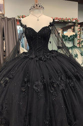 Sheila |Off the Shoulder Ball Gown Black Quince Dresses with Flowers Beaded - Black - PromDressClub