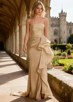 Sian Champagne Strapless Ruffle Prom Dress | Sheath Pleated Backless Long Formal Dress with Slit - Champagne - PromDressClub