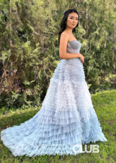 Sigrid |Grey Tulle Long Prom Dresses With A Line Sweetheart Tiered Ruffled - Price #price_variant_lowest# - Grey - PromDressClub