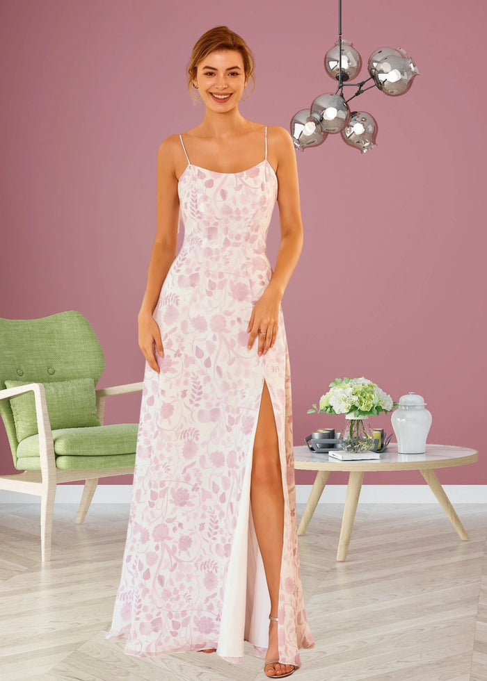 Simona | White Light Purple Floral Print Chiffon Long Bridesmaid Dress with Slit - Price #price_variant_lowest# - Light Purple Floral - PromDressClub