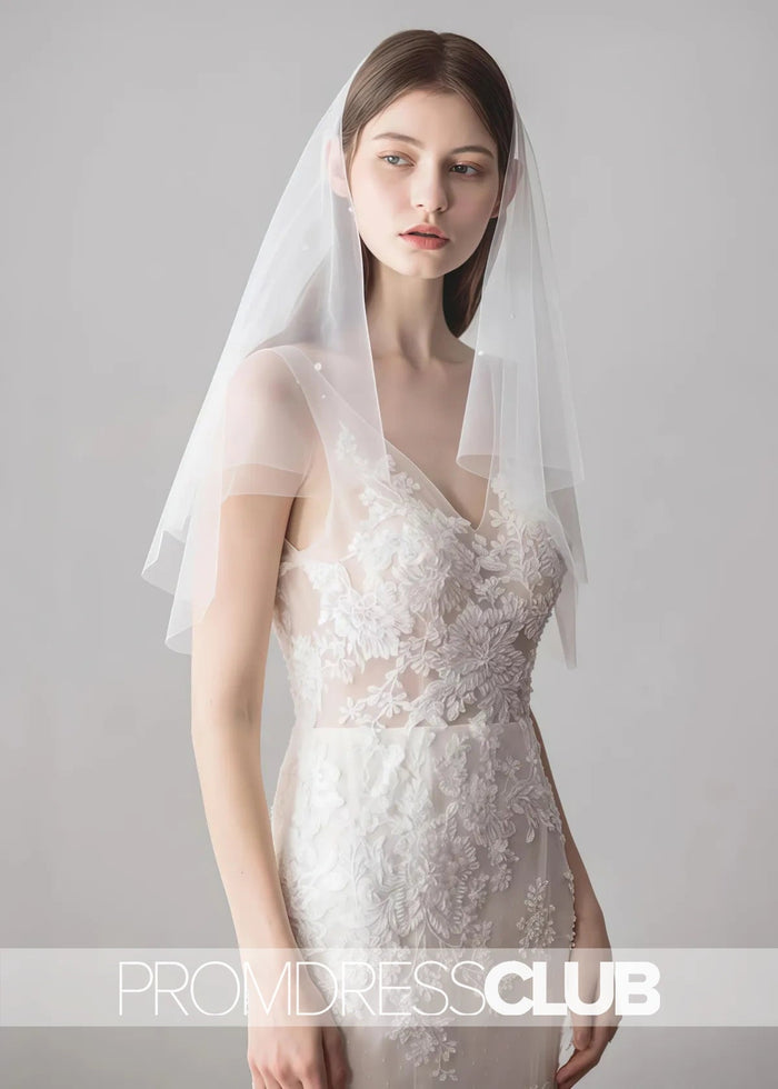 Simple Ivory Tulle Wedding Veil With Waist Length Pearls - Price #price_variant_lowest# - Ivory - PromDressClub