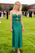 Simple Pleated Strapless Pink Prom Dress | Sheath Stretch Satin Floor Length Dress with Cutouts - Emerald Green - PromDressClub