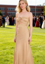 Simple Pleated Strapless Pink Prom Dress | Sheath Stretch Satin Floor Length Dress with Cutouts - Gold - PromDressClub