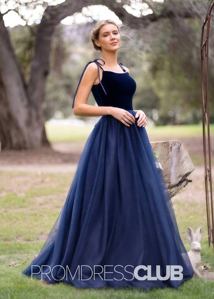 Sophia |Navy Blue Long Prom Dresses With A Line Spagatti Straps Velvet Tulle Floor Length - Price #price_variant_lowest# - Navy Blue - PromDressClub