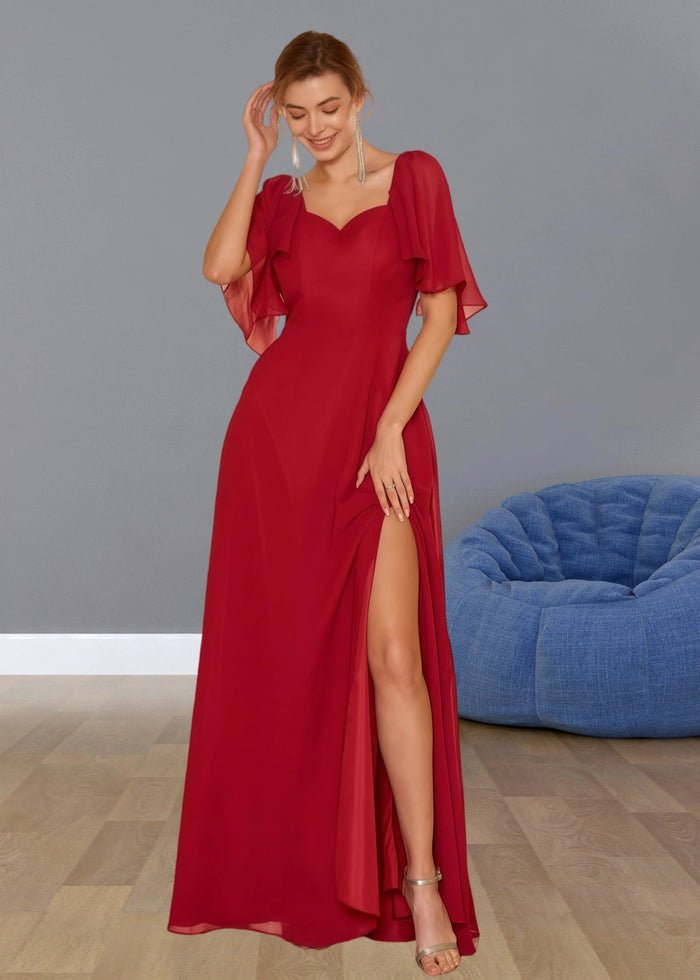 Stephanie | Boho A Line Ruffles Short Sleeve Burgundy Chiffon Long Bridesmaid Dress with Slit - Price #price_variant_lowest# - Burgundy - PromDressClub