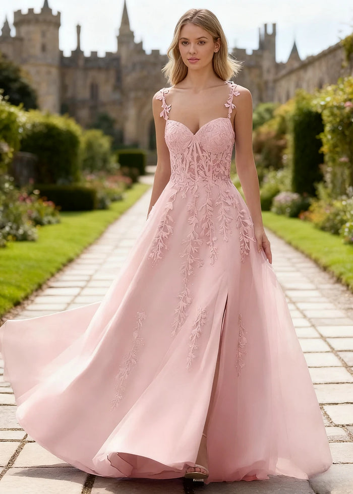 Tansy Blush Pink Lace Beaded Prom Dress | A - Line Sweetheart Neckline Corset Tulle Slit Gown - Blush - PromDressClub