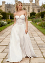 Tegan White Satin Prom Dress Corset | A - Line Off the Shoulder Slit Formal Dress - White - PromDressClub