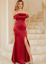 Teresa | Mermaid Burgundy Satin Long Bridesmaid Dress with Split Front and Off the Shoulder - Price #price_variant_lowest# - Burgundy - PromDressClub