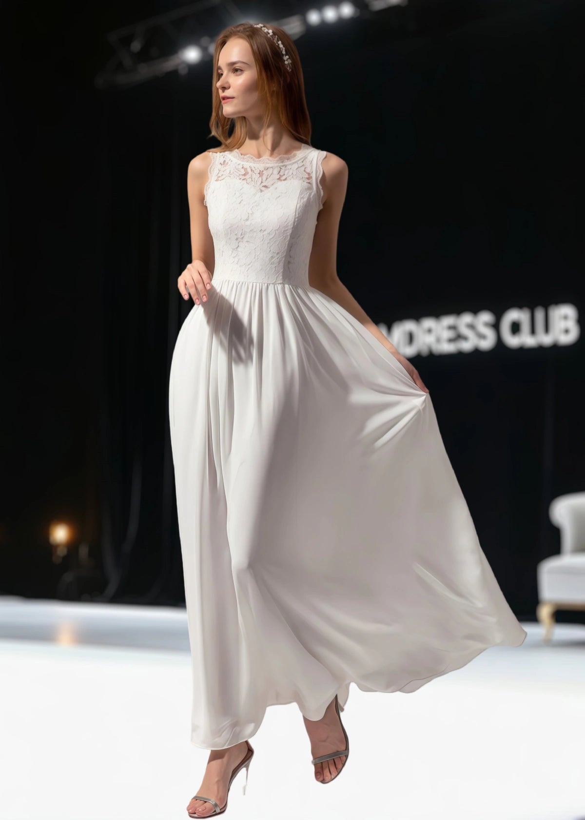 Trista | A Line Lace Embroider White Chiffon Long Wedding Guest Dress - Price #price_variant_lowest# - White - PromDressClub