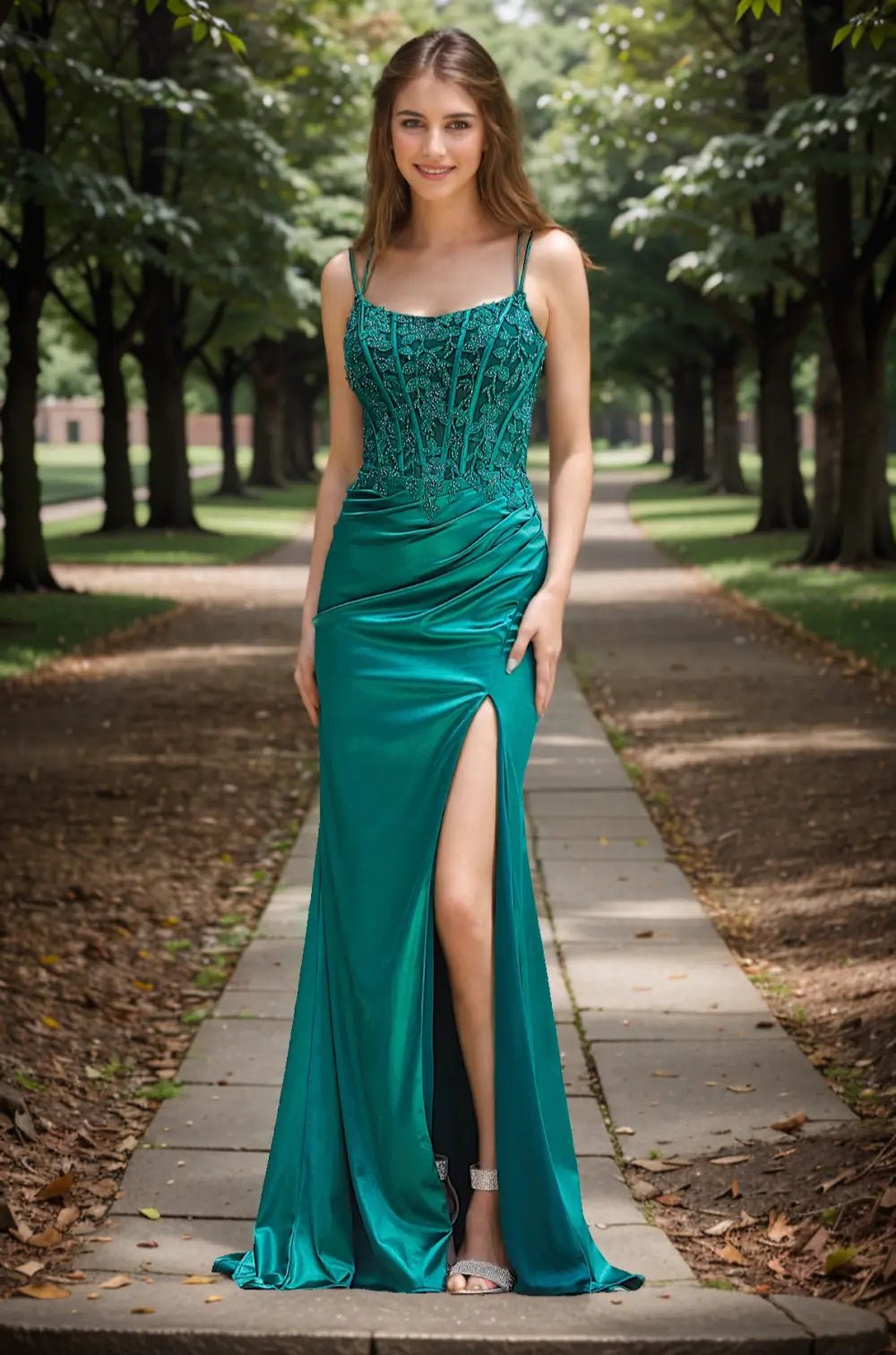 Honey | Emerald Green and Black Lace Mermaid Backless Pleated Prom Dress with Slit - Emerald Green - PromDressClub