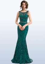 Hedy | Dark Green Mermaid High Neck Corset Prom Dress With Belt - Dark Green - PromDressClub