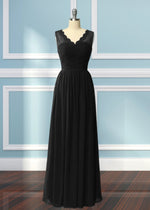 Ula | A Line Corset Lace Embroidered White Chiffon Long Bridesmaid Dress - Price #price_variant_lowest# - Black - PromDressClub