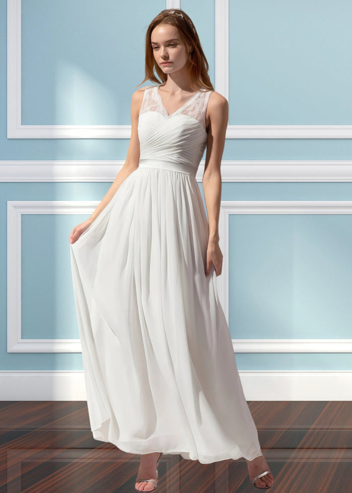 Ula | A Line Corset Lace Embroidered White Chiffon Long Bridesmaid Dress - Price #price_variant_lowest# - White - PromDressClub