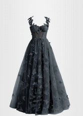 Verna |Lilac Prom Dresses Long A - line Lace Slit Corset with 3D Butterfly - Navy Blue - PromDressClub