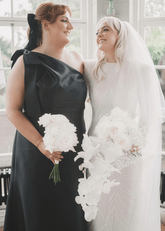 Verna | Sheath Bows Light Blue Satin Maxi Bridesmaid Dress with Sleeveless One Shoulder - Price #price_variant_lowest# - Black - PromDressClub