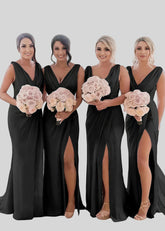 Veronica | Refinement Sheath Ivory Chiffon Maxi Bridesmaid Dress with Slit and Ruched - Price #price_variant_lowest# - Black - PromDressClub