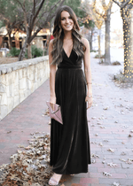 Vita | Exquisite A Line Backless Burgundy Velvet Maxi Bridesmaid Dress with Halter and V - Neck - Price #price_variant_lowest# - Black - PromDressClub