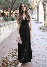 Vita | Exquisite A Line Backless Burgundy Velvet Maxi Bridesmaid Dress with Halter and V - Neck - Price #price_variant_lowest# - Black - PromDressClub