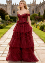 Willa Sparkly Burgundy Tiered Tulle Prom Dress | A-Line Off the Shoulder Sweetheart Neckline Glitter Formal Dress