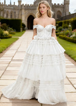 Willa Sparkly White Tiered Tulle Prom Dress | A-Line Off the Shoulder Sweetheart Neckline Glitter Formal Dress