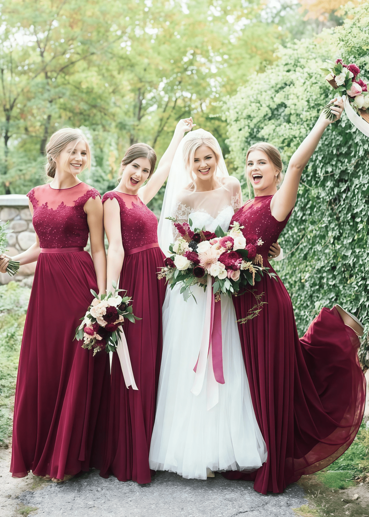 Winni | Exquisite Lace Embroidered Burgundy Tulle Maxi Bridesmaid Dress with Round Neck - Price #price_variant_lowest# - Burgundy - PromDressClub