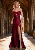 Xena Burgundy Satin Corset Prom Dress with Cutouts | Sheath Strapless Sweetheart Neckline Backless Lace - up Gown with Split - US00 - PromDressClub