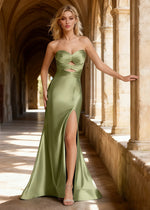 Xena Sage Green Satin Corset Prom Dress with Cutouts | Sheath Strapless Sweetheart Neckline Backless Lace - up Gown with Split - US00 - PromDressClub