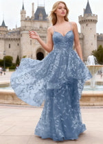 Yara Dusty Blue Tulle Floral Jacquard Prom Dress | A - Line Spaghetti Strap V - Neck Ruffle Gown - US00 - PromDressClub