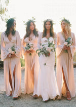 Zara | Boho Long Sleeves Light Pink Chiffon Maxi Bridesmaid Dress with A - Line and Deep V Neck - Price #price_variant_lowest# - Light Pink - PromDressClub