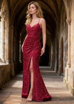 Zara Burgundy Velvet Sequins Prom Dress | Sheath Fitted Spaghetti Straps V - Neck Backless Pleated Dress with Slit - US0 - PromDressClub