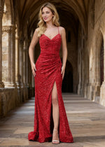 Zara Red Velvet Sequins Prom Dress | Sheath Fitted Spaghetti Straps V - Neck Backless Pleated Dress with Slit - US0 - PromDressClub